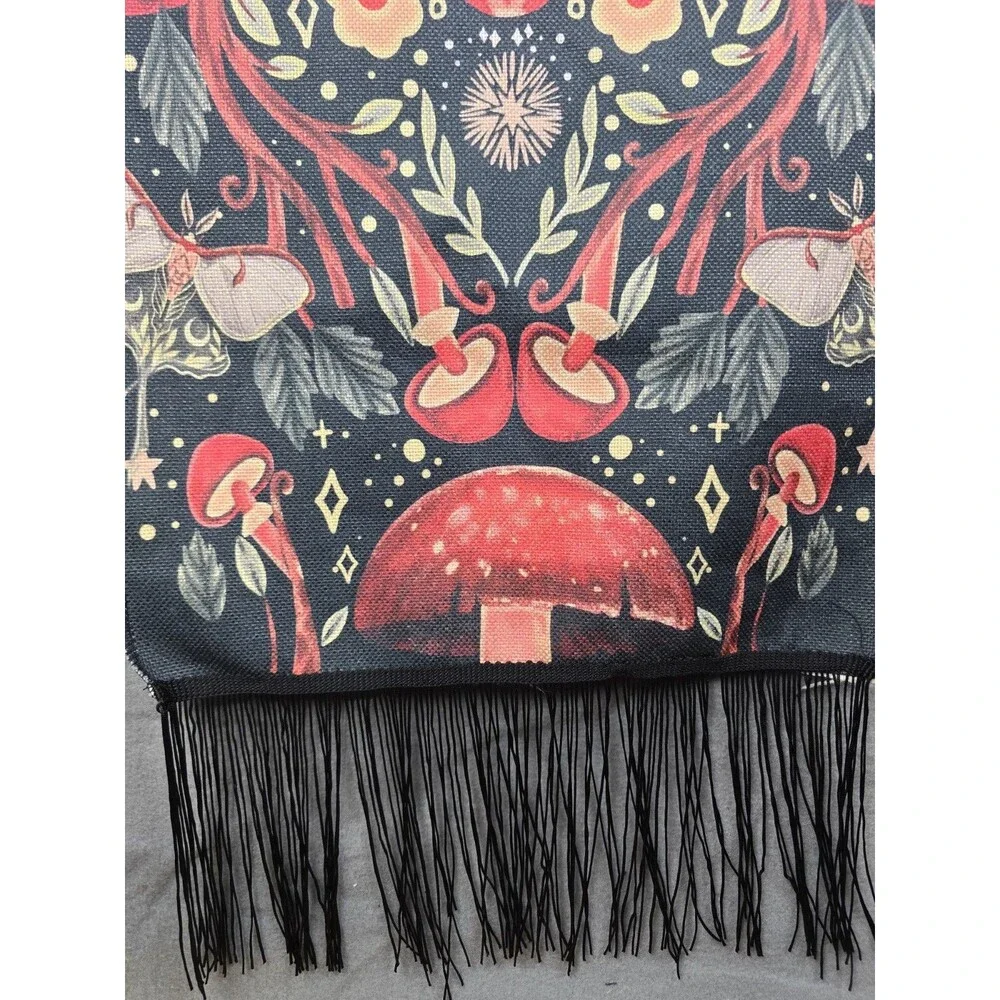 Celestial Mushroom Moth Wall Hanging Tapestry Moon Stars Cottagecore Fringe 51in